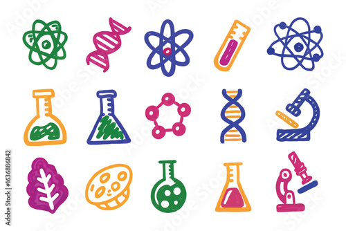 Science Icons: A colorful and playful collection of hand-drawn science icons, representing various scientific elements and concepts.
