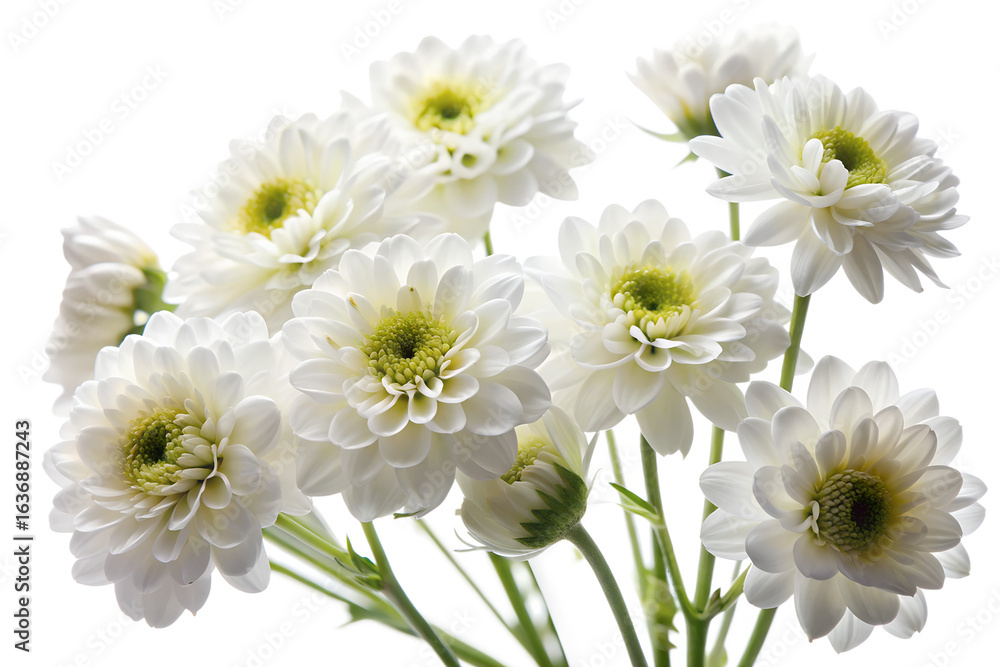 Obraz premium Closeup of white chrysanthemums isolated on transparent background, showcasing the beauty of floral blooms in a still life