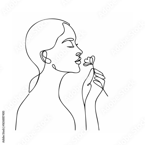 Elegant woman profile smelling delicate flower face
