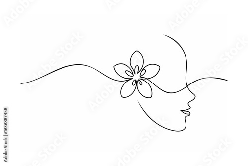 Elegant woman profile with flower adornment continuous line drawing