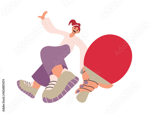 Young woman actively playing table tennis in a dynamic pose. Happy person jumping up, excited emotion, energy. Energetic character movement a flat vector illustration