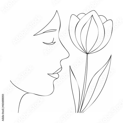 Minimalist girl profile smelling tulip line art drawing