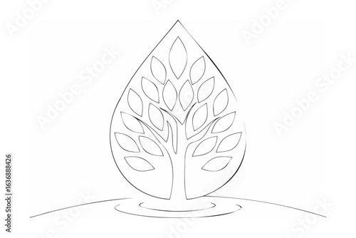Water drop tree with leaves and ripples nature