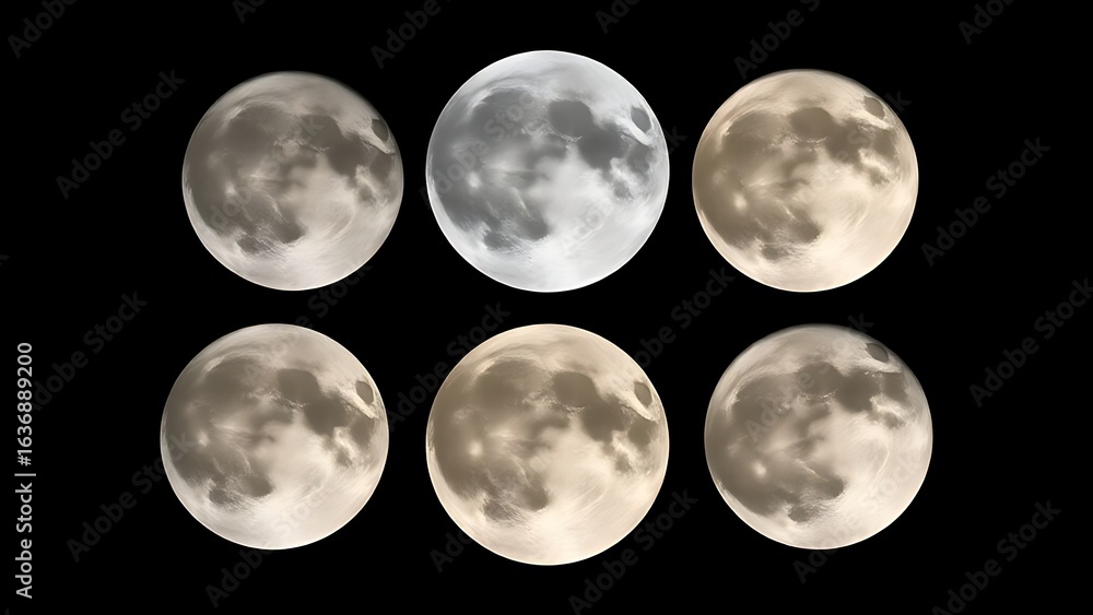 Obraz premium Five moon phases each depicting a unique scientific phenomenon artistically.