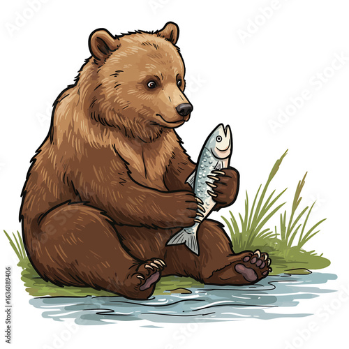Curious Brown Bear Cub Fishing in River Illustration