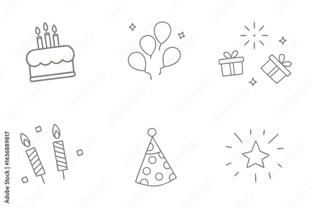 Fototapeta premium Celebrate! Happy Birthday Icons: A collection of playful vector line art illustrations, perfect for adding a touch of joy to birthday celebrations, evoking feelings of festive fun and joyful memories.