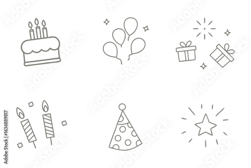 Wallpaper Mural Celebrate! Happy Birthday Icons: A collection of playful vector line art illustrations, perfect for adding a touch of joy to birthday celebrations, evoking feelings of festive fun and joyful memories. Torontodigital.ca