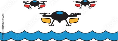 Unmanned aerial drone technology vector illustration, a modern flat design of a fleet of drones flying above water for logistics and delivery concepts.