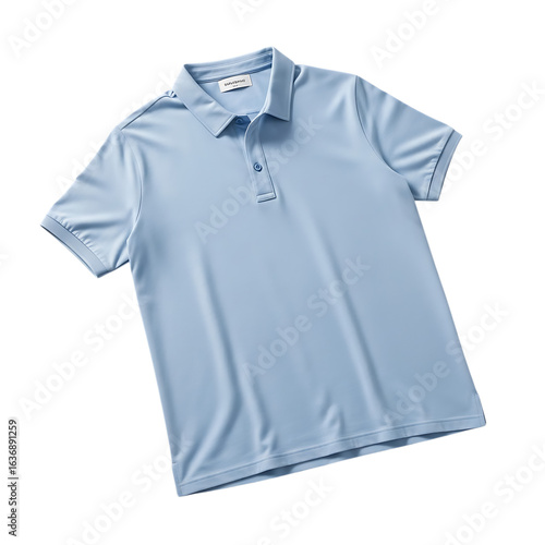 Light blue polo shirt with short sleeves and a collar, isolated on transparent background