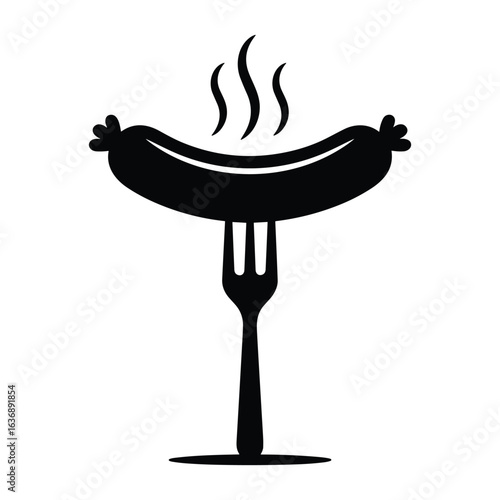 Hot sausage on fork silhouette with steam