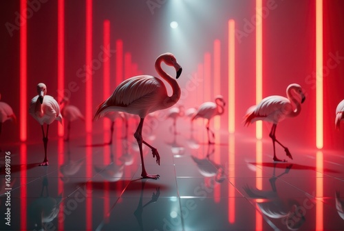 A group of flamingos is elegantly posed under vibrant neon lights, creating a striking scene.