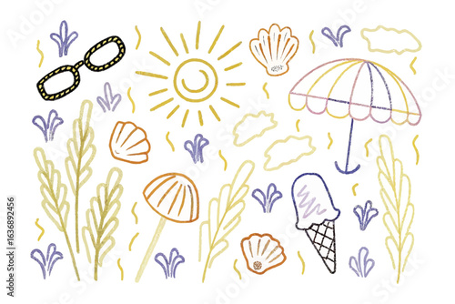 Summer Sketchbook: A vibrant illustration captures the essence of summer, with a sun, umbrella, sunglasses, seashells, and an ice cream cone, all set in a charming sketched style. 