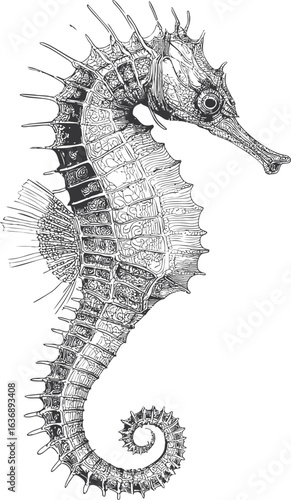 Intricate black and white seahorse illustration with detailed sketch patterns. Vector illustration