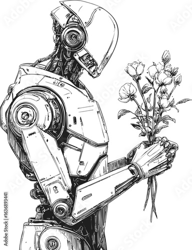 Robot holding delicate flowers in a thoughtful gesture, black and white sketch. Vector illustration