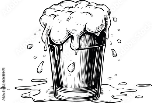 Overflowing beer mug with foam and droplets in detailed black ink drawing. Vector illustration