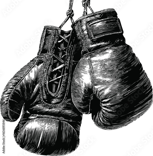 Vintage boxing gloves in black and white hanging on a rope, sketch. Vector illustration