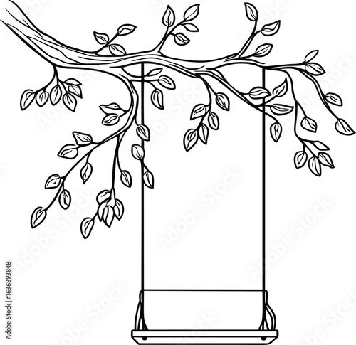 Black and white drawing of a tree branch with leaves and a hanging swing. Vector illustration