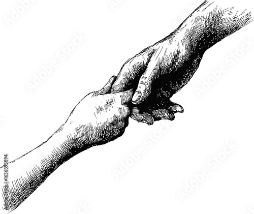 Sketch of two hands touching fingers in a gesture of connection and support. Vector illustration