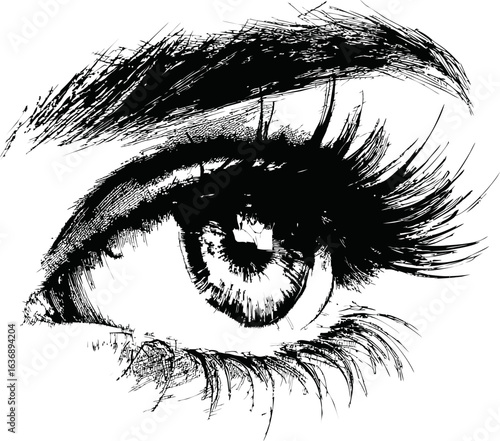 Detailed black sketch of an eye with intricate ink strokes artwork. Vector illustration