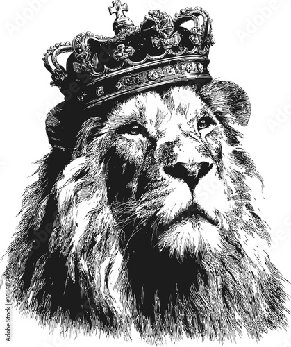 Majestic lion wearing a detailed crown in black and white sketch style. Vector illustration