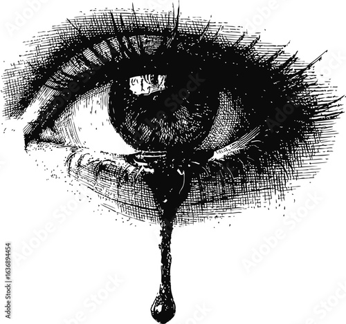 Detailed black ink sketched eye with a tear falling, emotional concept. Vector illustration