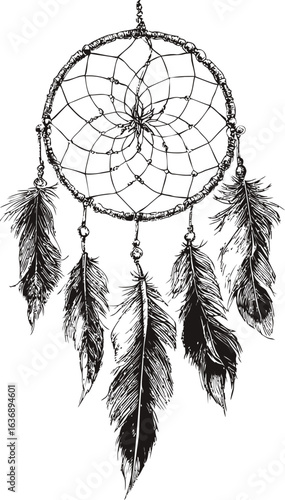 Black and white dream catcher with detailed feathers. Vector illustration