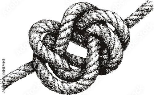 Intricate black and white illustration of a complex rope knot sketch. Vector illustration