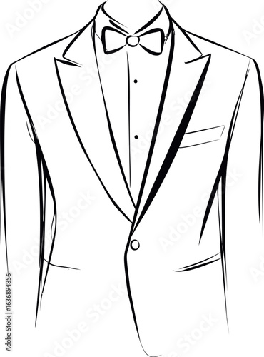 Elegant line art drawing of a tuxedo jacket and bow tie. Vector illustration