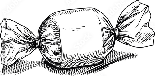 Black and white illustration of wrapped candy with detailed shading. Vector illustration