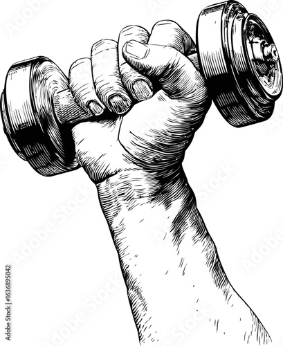 Hand holding a dumbbell in sketch illustration showing strength concept. Vector illustration