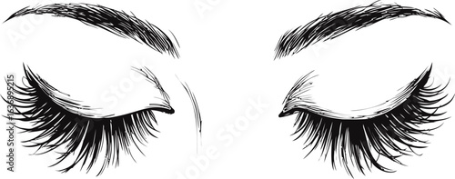 Close-up illustration of closed eyes with long eyelashes and defined eyebrows. Vector illustration