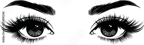 Illustration of black and white eyes with long lashes and bold eyebrows. Vector illustration