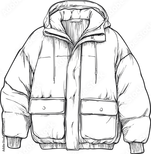 Line drawing of a hooded puffer jacket with pockets and drawstrings. Vector illustration