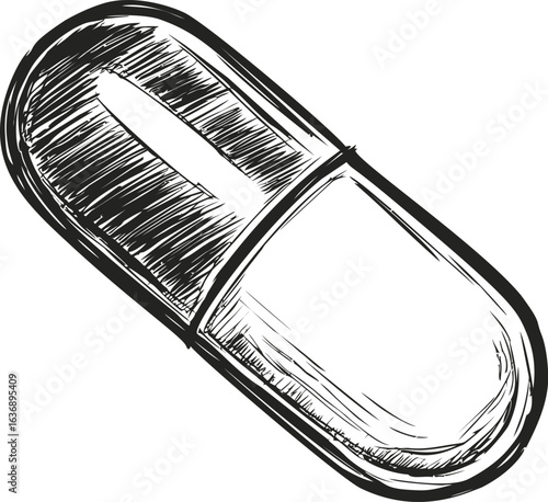 Hand-drawn black and white sketch of a capsule pill, medicinal concept. Vector illustration
