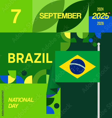 Happy Brazil Independence Day. Social post template with flag and geometric art. Happy National Day, September 7th. Perfect for poster, greeting card, sale day, and cover illustration