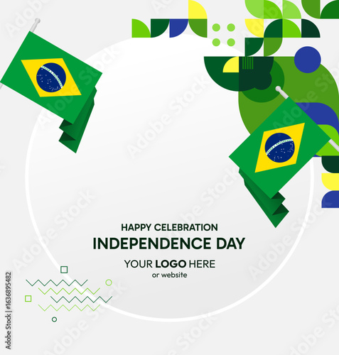 Happy Brazil Independence Day. Social post template with flag and geometric art. Happy National Day, September 7th. Perfect for poster, greeting card, sale day, and cover illustration