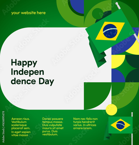 Happy Brazil Independence Day. Social post template with flag and geometric art. Happy National Day, September 7th. Perfect for poster, greeting card, sale day, and cover illustration