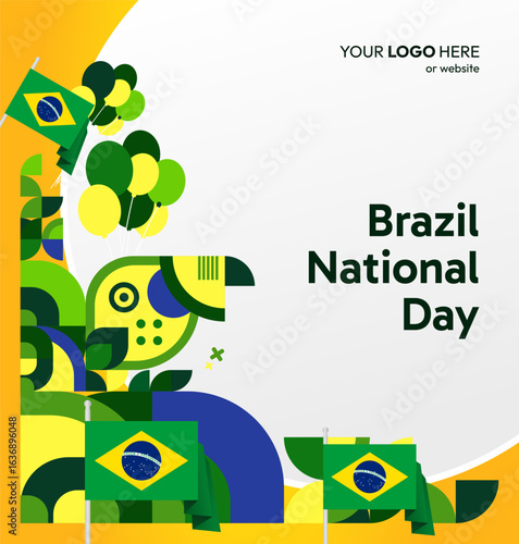 Happy Brazil Independence Day. Social post template with flag and geometric art. Happy National Day, September 7th. Perfect for poster, greeting card, sale day, and cover illustration
