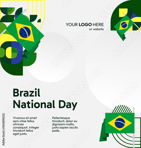 Happy Brazil Independence Day. Social post template with flag and geometric art. Happy National Day, September 7th. Perfect for poster, greeting card, sale day, and cover illustration
