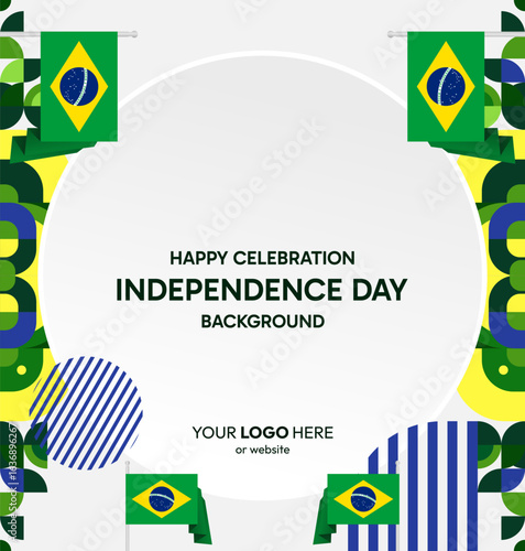 Happy Brazil Independence Day. Social post template with flag and geometric art. Happy National Day, September 7th. Perfect for poster, greeting card, sale day, and cover illustration