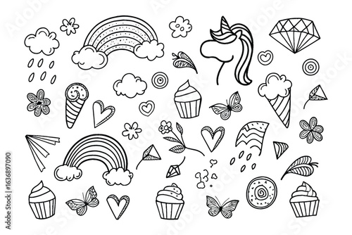 Whimsical Wonderland: A collection of playful illustrations including rainbows, clouds, butterflies, and a unicorn, all drawn in a charming, sketched style.