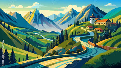 Morning in the mountains. Scenic valley in the Caucasus Mountains, Dombay. Summer greens and snow-capped peaks.