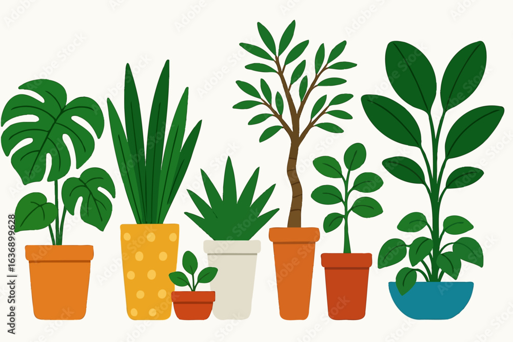 Obraz premium Potted Houseplants Composition Flat Vector Indoor Plant Decor for Home and Office Interiors