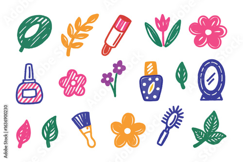 Cosmetic Collection: A delightful set of illustrated cosmetics, floral elements, and beauty essentials.