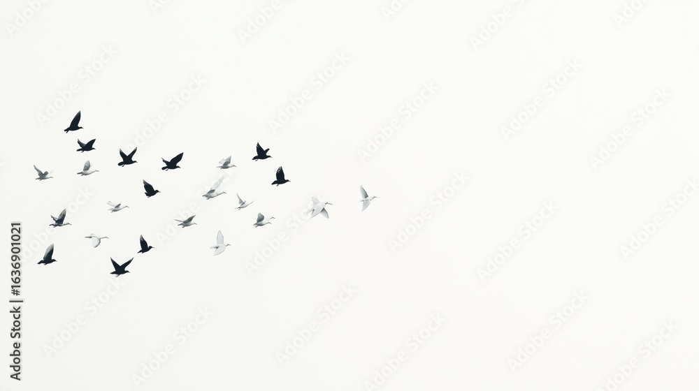 Obraz premium flock of birds flying silhouetted against a white sky
