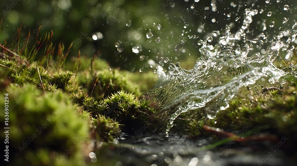 Fototapeta premium Close up of water splashing on mossy ground in a forest with blurred background and bright sunlight
