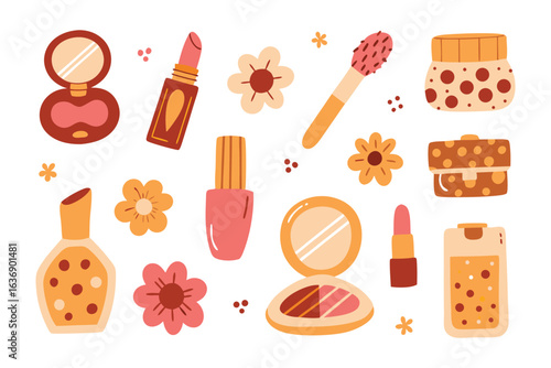 Beauty Essentials Collection: An eye-level composition of makeup and beauty products arranged artistically, evoking a sense of elegance, beauty and style. 