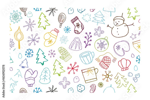 Winter Wonderland: A festive illustrated scene filled with the essence of winter, capturing the whimsical charm of the season with a vibrant array of hand-drawn elements.