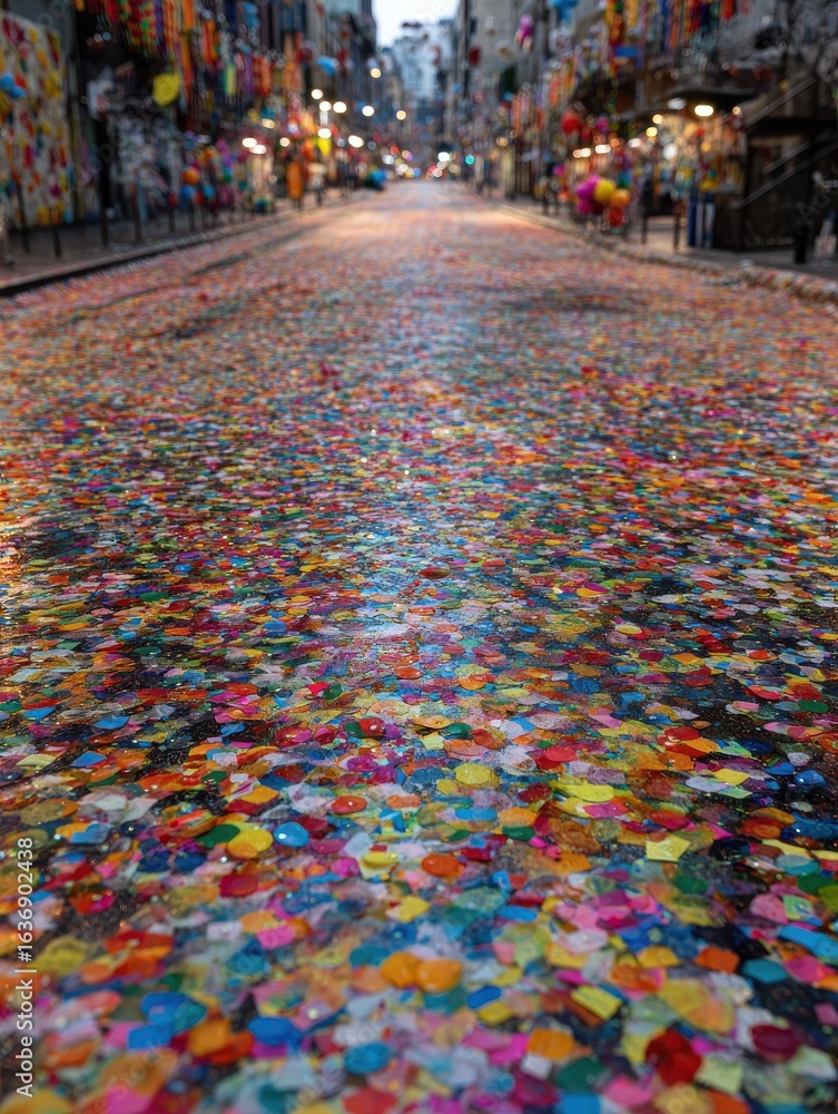 Obraz premium a street view covered in a blanket of colorful confetti illustrating the aftermath of a vibrant celebration