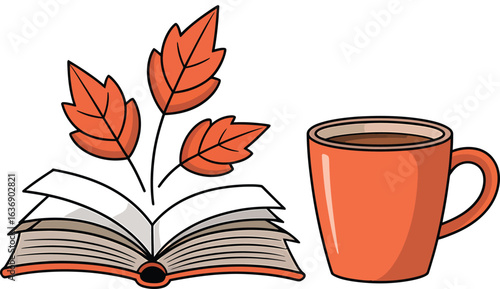 Autumnal Reading Nook with Steaming Beverage and Falling Leaves on Transparent Backdrop